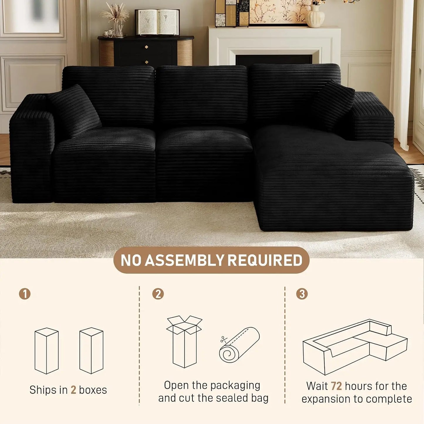 109" L-Shaped Cloud Boneless Couch Sofa with Chaise, Black, Custom