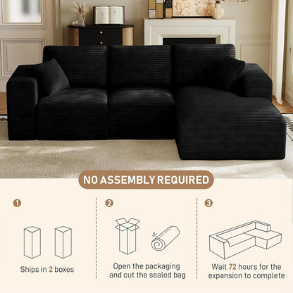 109" L-Shaped Cloud Boneless Couch Sofa with Chaise, Black, Custom
