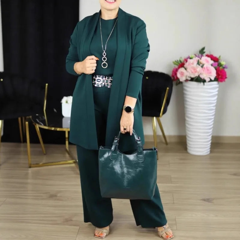 2026 Elegant Ladies Clothing 3 Pieces Set Autumn White Long Cardigan Coat Wide Leg Pants Sets T-shirt  Three-piece Outfit Women