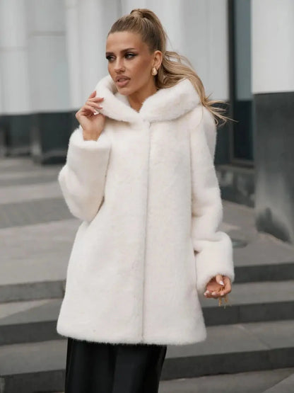 2026 Autumn Winter Women Faux Mink Fur Jacket Hooded Lapel Collar Open Front Mid Long Fluffy Coat