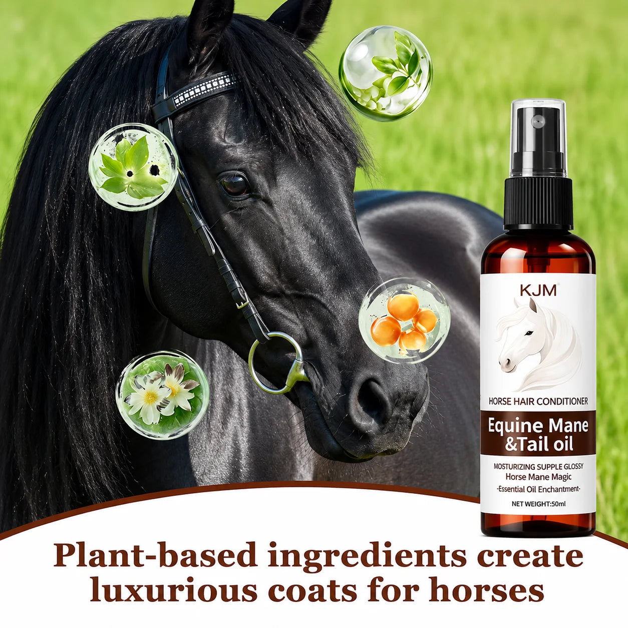 KJM Horse Mane Detangling Spray All Breeds Plant Extract Quick Moist Non Greasy Shiny Equine Daily Groom Spray
