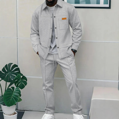 Spring and Autumn Men's High-Quality Waffle Pure Color Placket Pocket Jacket Set - A Stylish and Casual Two-Piece Outfit