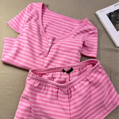 Pink Striped Short Sleeve T-shirt Shorts Set Woman Buttons Slim Tees+Elastic Straight Short Pant Cotton Home Pajama 2 Piece Sets