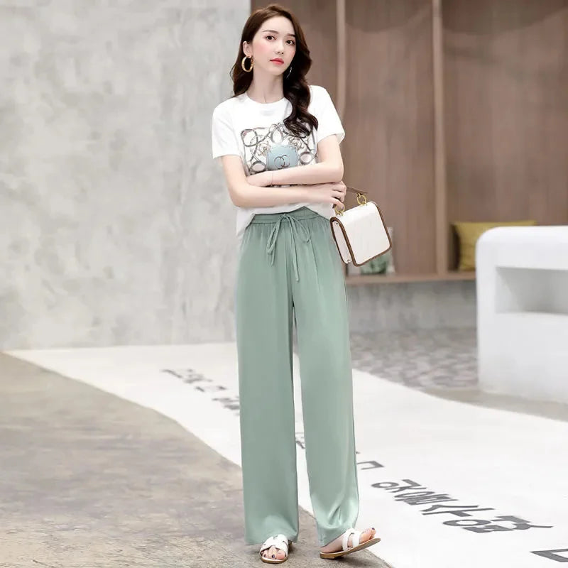 Women Suit 2025 Summer New Korean Style Short Sleeve Tops Fashion Wide Leg Pants 2 Two Piece Set Casual Plus Size Female Outfits