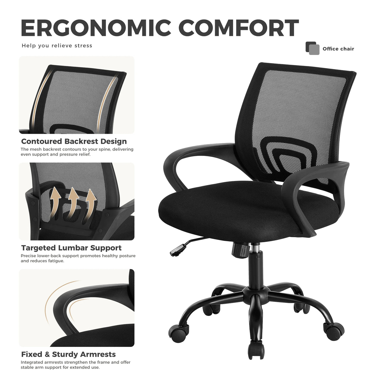 JHK Ergonomic Office Desk Gaming Chair Mid Back with Lumbar Support Rocking Mode Height Adjustable with Fixed Armrest For Office