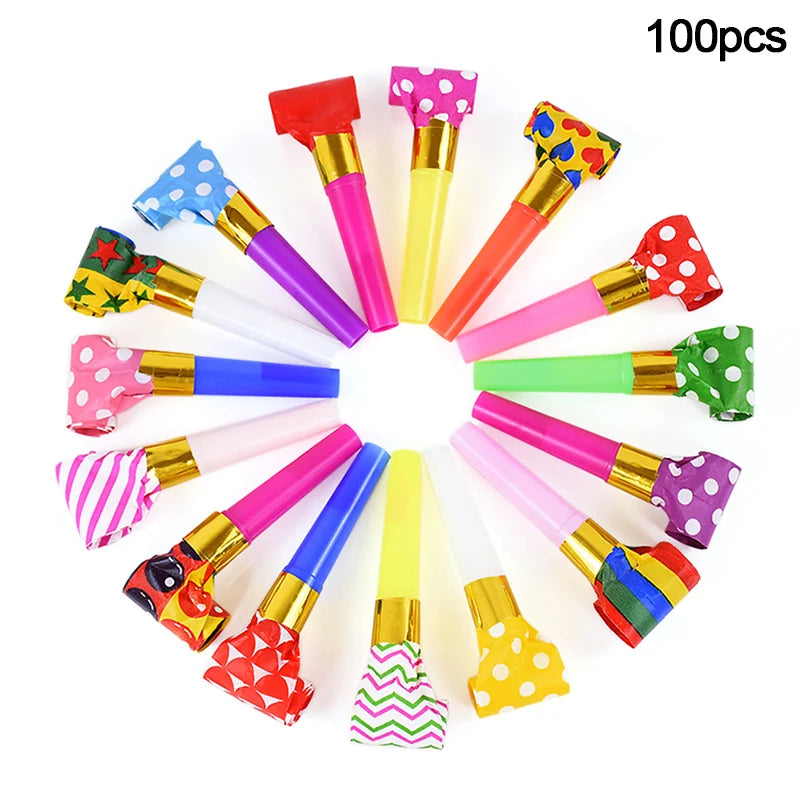 10/100PCS Colorful Blowout Whistle Blow Roll Toy Kids Birthday Party Favors Gifts Cheer Props Pinata Filler Baby Shower Supplies