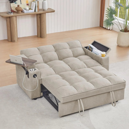 hansones 65'' 3-in-1 Folding Convertible Sofa Bed, Pullout Sofa, Modern Chenille Fabric, 360° Swivel Side Table, Easy Assembly,
