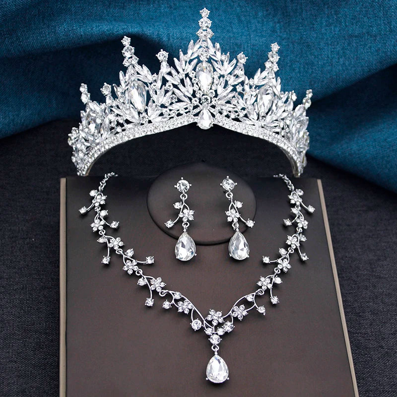 Baroque Wedding Crown for Bride 3-pack Tiara Earrings Necklace Bridal Jewelry Set Champagne Crystal Costume Party Birthday Gift