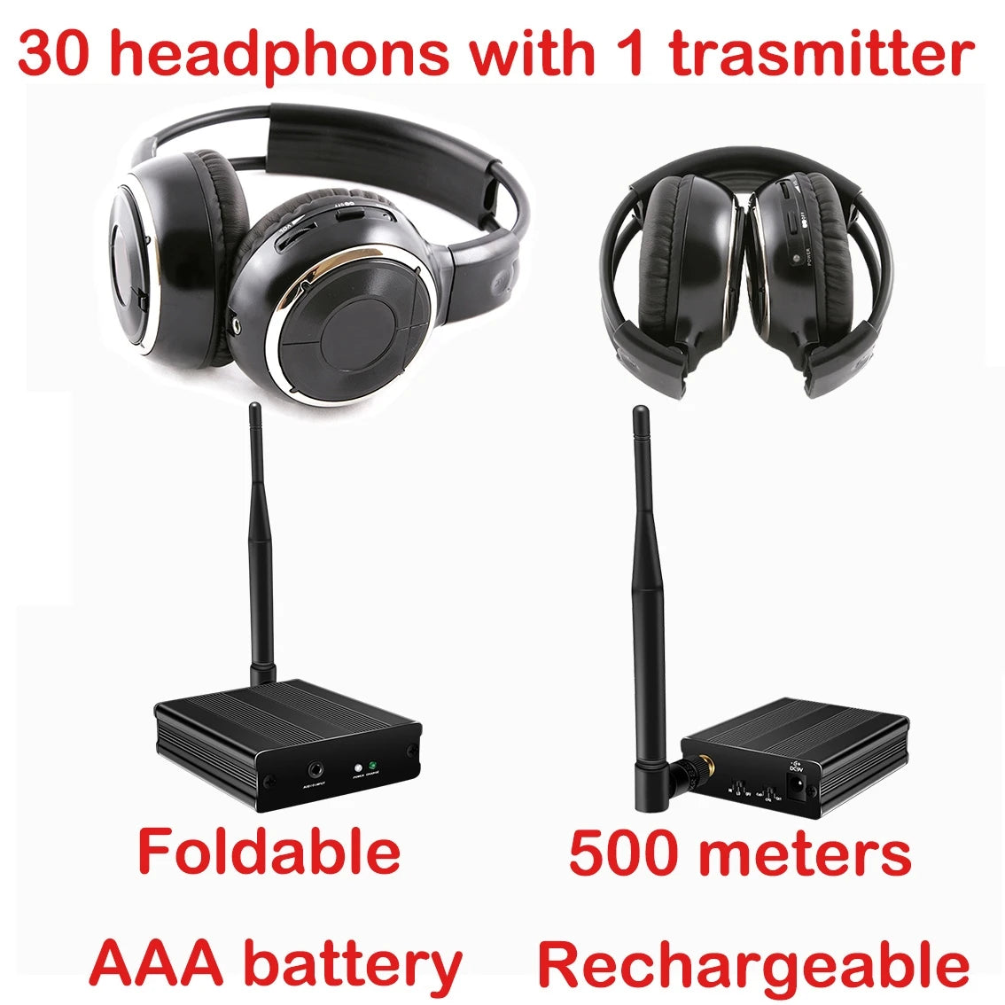 3 Channel Silent Disco Wireless Headphones Bundle with 500m Distance Transmitter for Entertainment Party