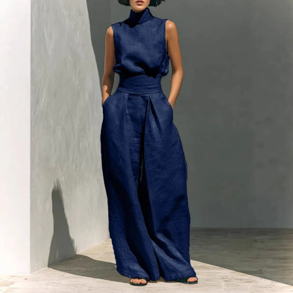 2026 Women 2 Piece  Outfit, Sleeveless High Neck Blouse & High Waist Wide Leg Pants Set, Elegant Office Commuter Matching Suit W