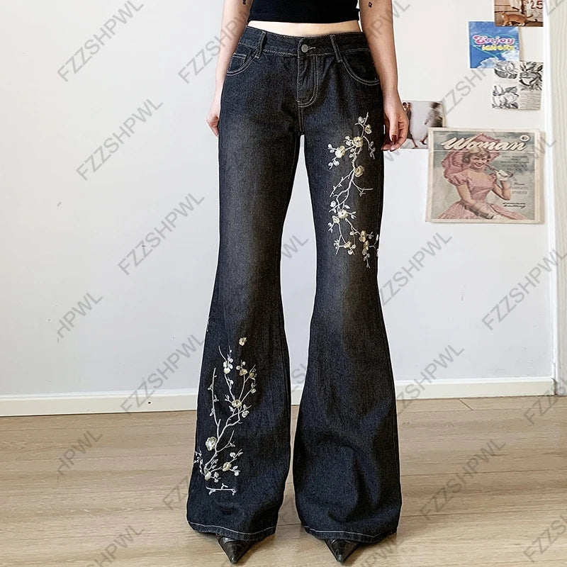 Women's Floral Embroidered Jeans Spring and Autumn Retro Low-Rise Flared Pants Loose Knit Basic Style All-match Streetwear 2000s