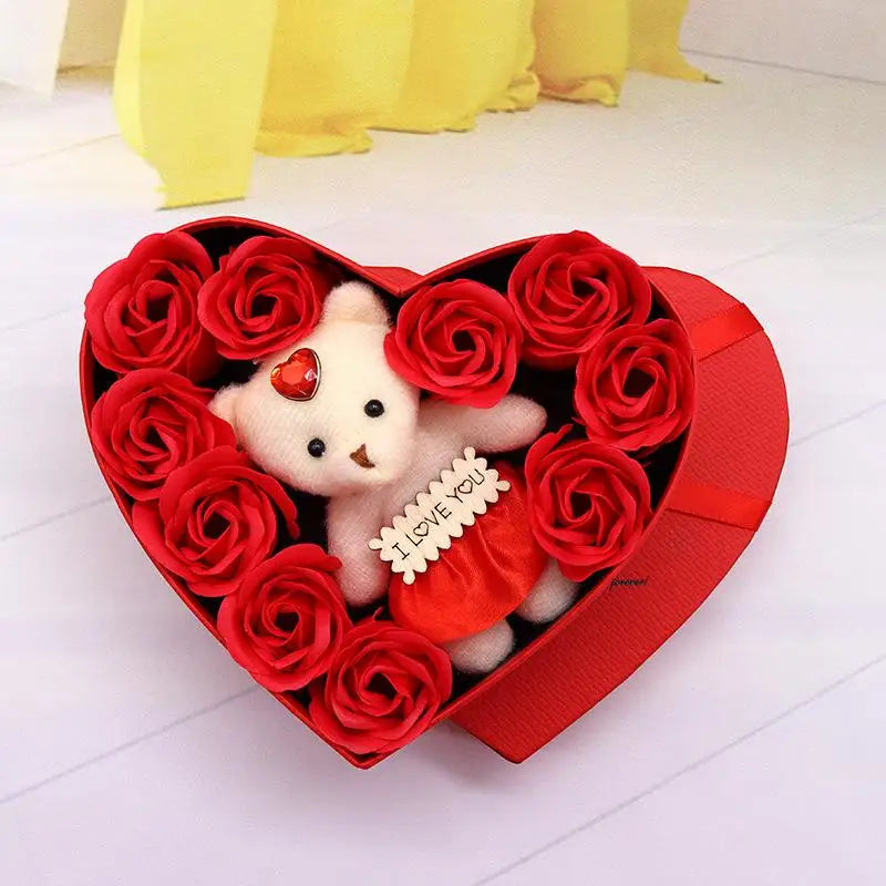 【P】Flower Red Pink Soap Rose Love Gift Box With Bear Valentine's Day Mother's Day Anniversary Gift Wedding Party Decorations
