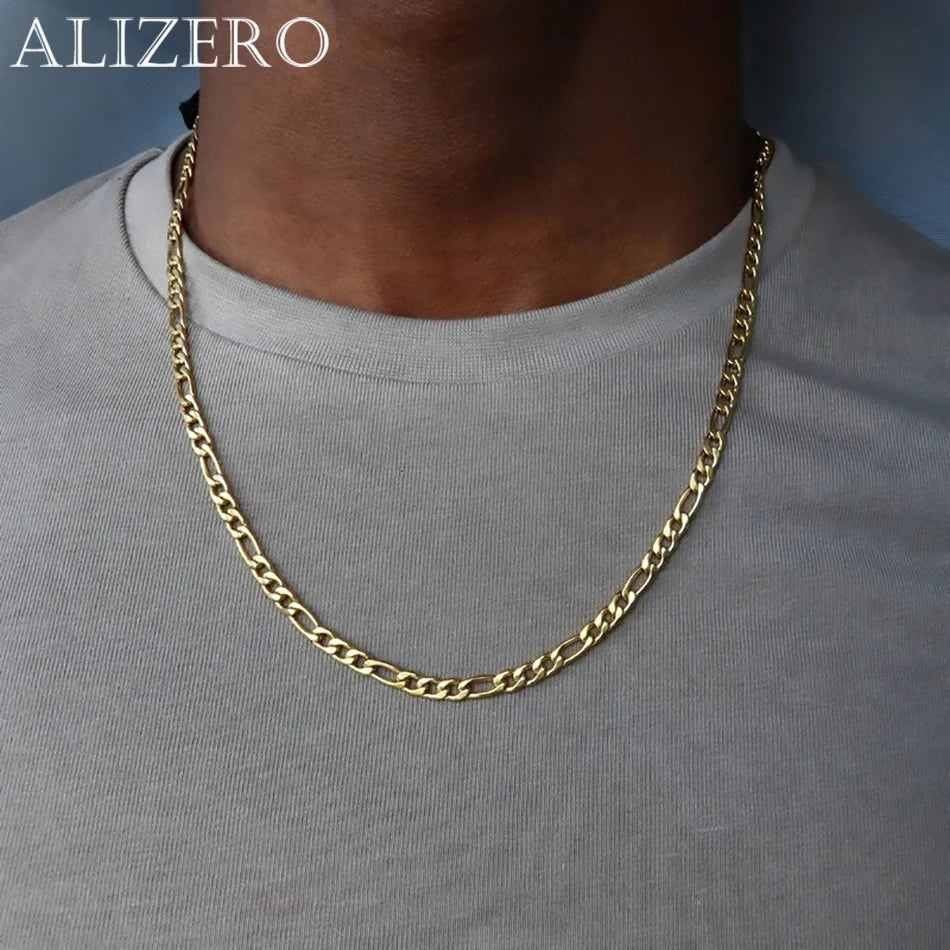 Alizero 18K Gold 4MM Figaro Chain Necklace Fashion Hip Hop Punk