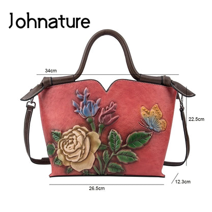 Johnature Retro Large Capacity Genuine Leather Luxury Handbags Women Bags 2026 New Floral Cowhide Shoulder&Crossbody Bags