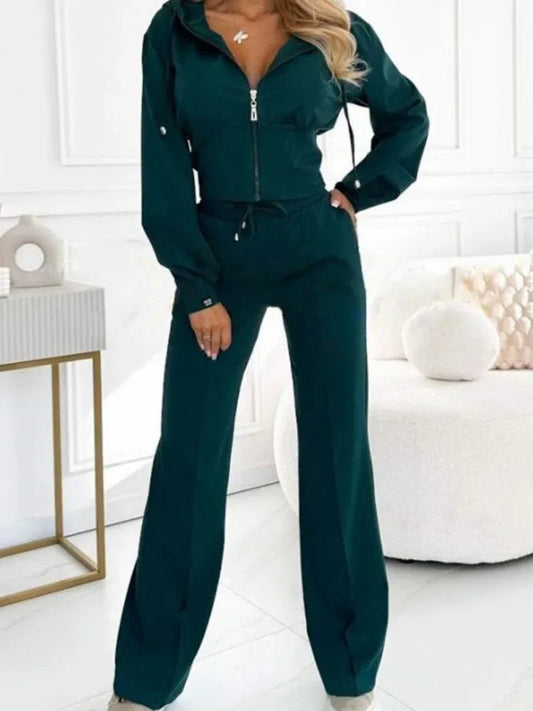 Autumn Casual Solid Sportswear Women Set Fashion Zipper Hooded Sweatshirts Coat & Lace-up Pants Tracksuit New Winter Suit