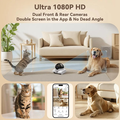 Indoor Security Camera 1080P Dual Lens, Mobile Robot with Wheels, Two-Way Audio, Remote-Controlled Bot with Night Vision, App-Controlled for Home Safety, Pets, Baby, Elderly