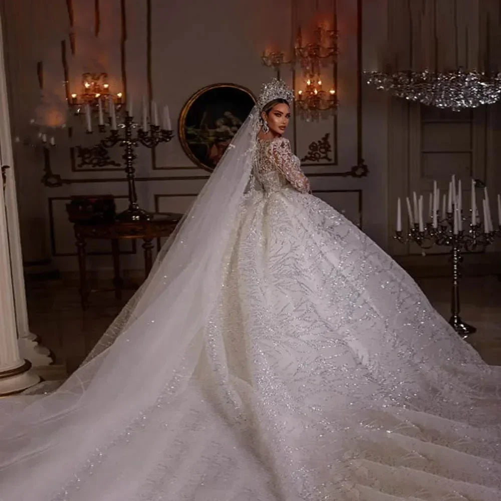 Customzie Graceful Luxurious Ball Gown Wedding Dresses V Neck Long Sleeve Robe De Mariee Lace Beade d Princess