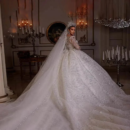 Customzie Graceful Luxurious Ball Gown Wedding Dresses V Neck Long Sleeve Robe De Mariee Lace Beade d Princess