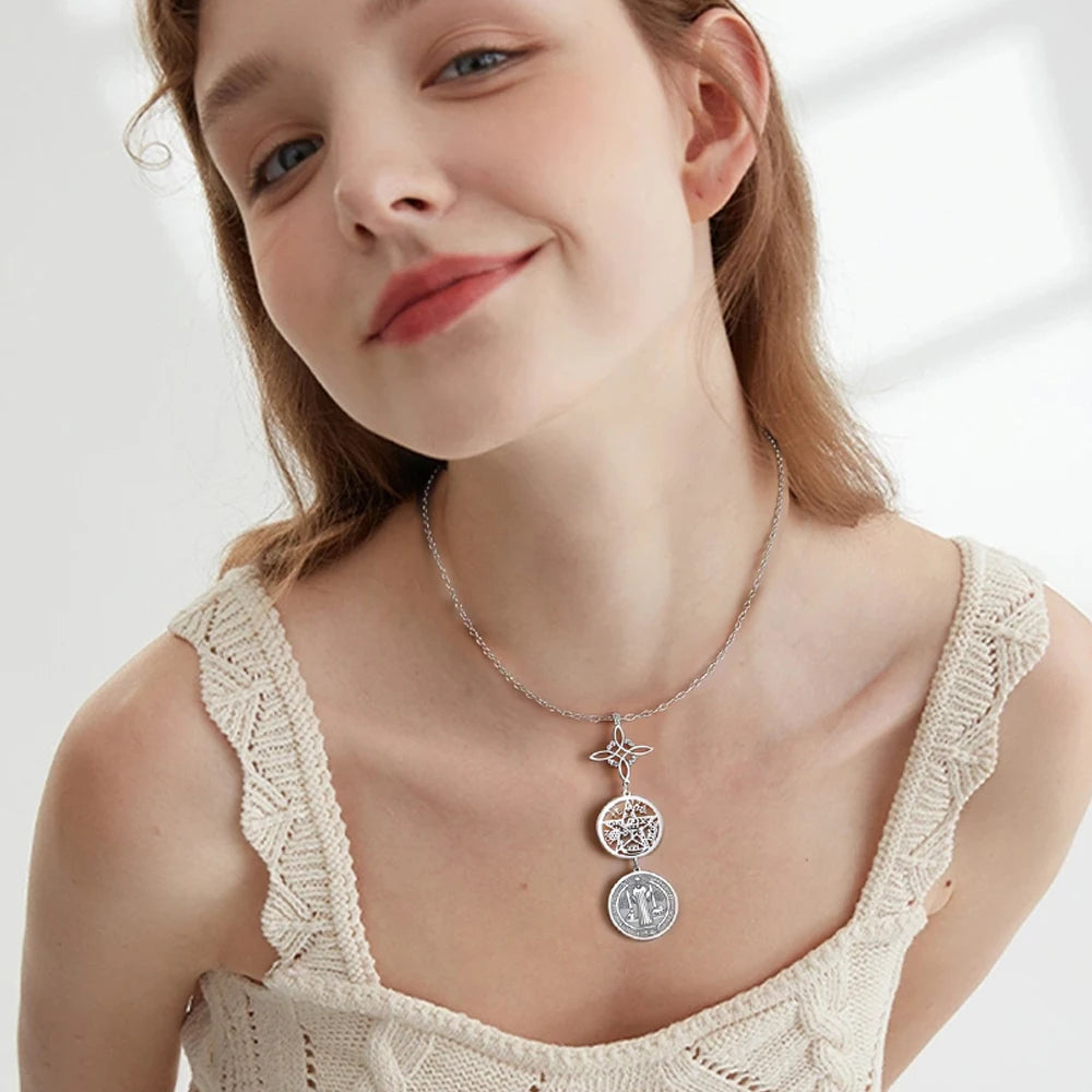 Triple Protection Necklace With Witch Knot Pentagram Tetragrammaton St. Benedict Stainless Steel Spiritual Symbol Amulet Jewerly
