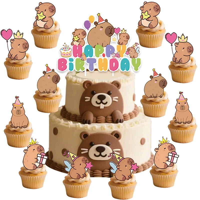 Lovely Cartoon Capybara Cake Topper Paper Birthday Dessert Inset Disposable Kids Birth Baby Shower Cupcake Toppers Party Supply