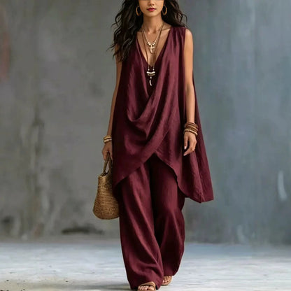 Women Holiday Blouse Pant Suits Summer Sexy V Neck Sleeveless Loose Asymmetrical Blouse Tops&Wide Leg Full Trouser Sets