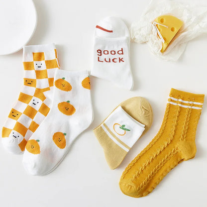 5 Pairs Women Fruit Print Socks Set Cute Casual Korean Fashion Kawaii Japanese Style Pumpkin Strawberry Banana Peach Avocado Sox