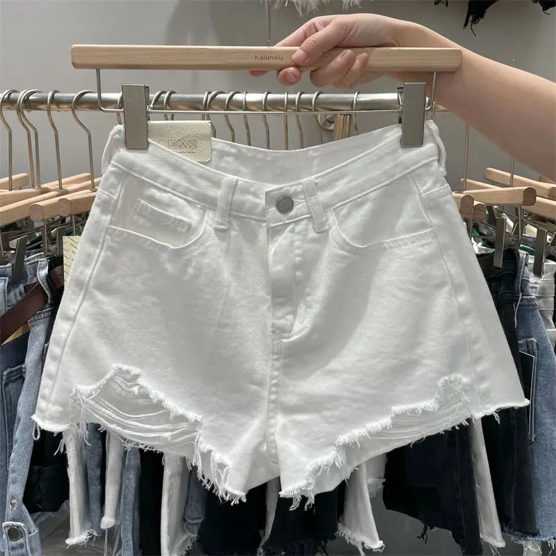 Trendy Women's Ripped Loose Fit High Waist Cotton Stretch Denim Shorts Frayed Hem A-Line Style Korean Version Summer Hot Pants
