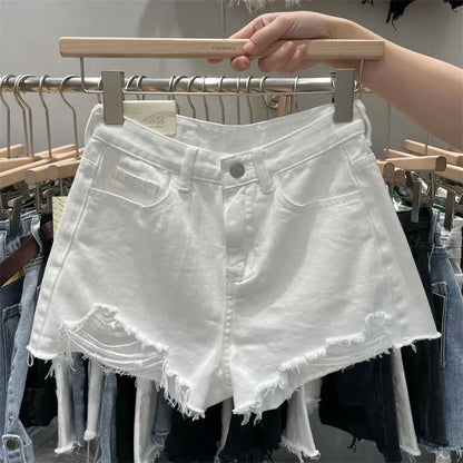 Trendy Women's Ripped Loose Fit High Waist Cotton Stretch Denim Shorts Frayed Hem A-Line Style Korean Version Summer Hot Pants