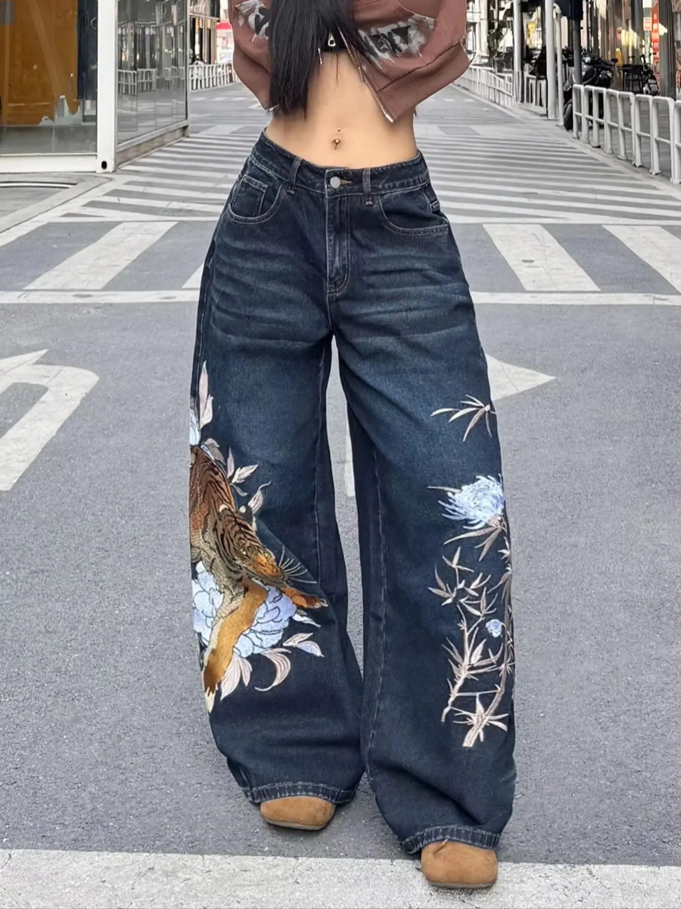 American Street Fashion Tiger And Flower Embroidery Style Pants, Dark Color, Versatile, Loose-Fitting Jeans, Street Outfit