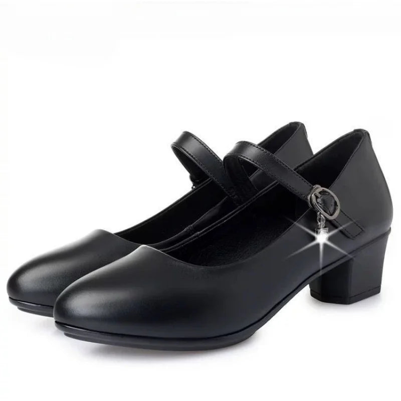 2025 New Women's Medium Heel Pumps - Soft Leather Non-Slip with Adjustable Buckle, Comfortable for Daily & Casual Wear