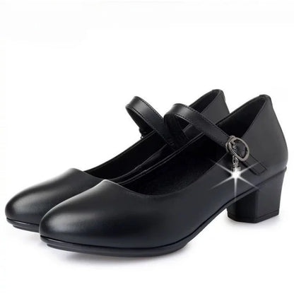 2025 New Women's Medium Heel Pumps - Soft Leather Non-Slip with Adjustable Buckle, Comfortable for Daily & Casual Wear