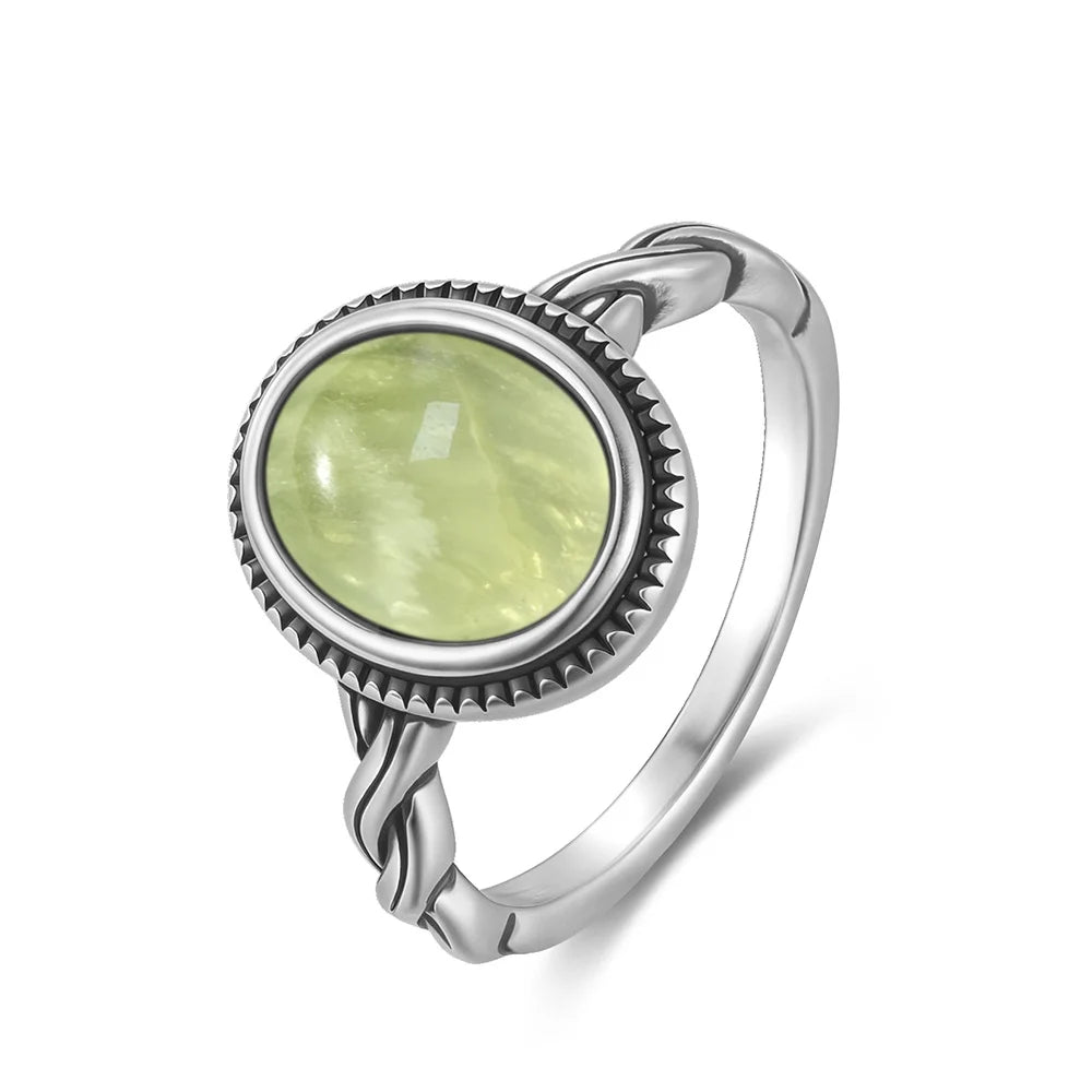 925 Sterling Silver Ring With Natural Prehnite Stone 8*10mm Oval Shape With Crystal Flower Design Gifts Fine Jewelry For Women