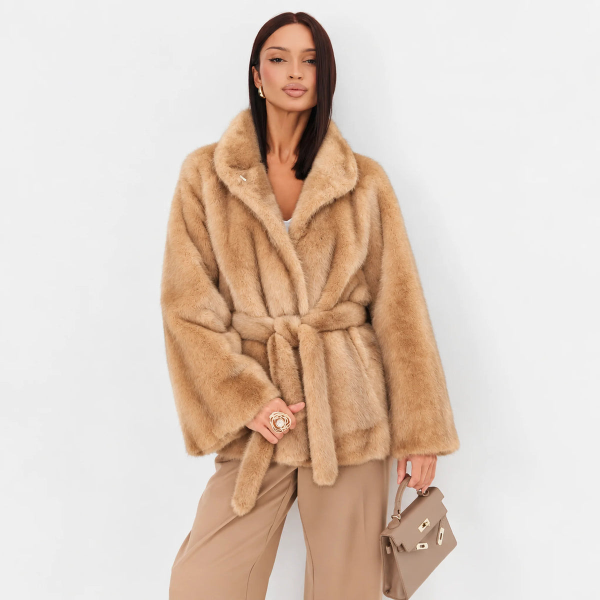 2026 Autumn Winter Women Faux Mink Fur Coat Lapel Collar Belted Long Jacket Luxury Fluffy Outerwear Brown