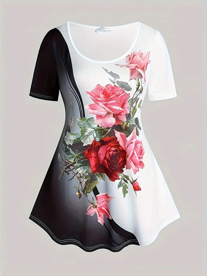 Plus Size Large Casual Set, Summer New Contrasting Rose Flower Print Oversized Round Neck T-Shirt Pants, Slim Fit Two-Piece Set