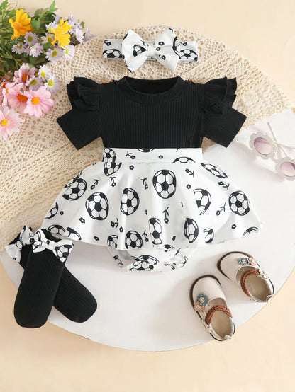 Baby Girl Bodysuit Dresses Short Sleeve Heart Shape Bow Romper Infants Onesies With Socks Headband 3pcs Sets For Newborn Girls