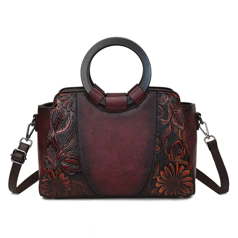 2026 New Vintage Chinese Leather Carved Leather Handbag Women Embossed Versatile Cheongsam One-shoulder Crossbody Mother Bag