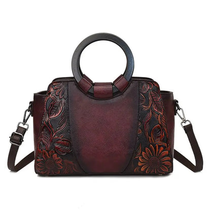 2026 New Vintage Chinese Leather Carved Leather Handbag Women Embossed Versatile Cheongsam One-shoulder Crossbody Mother Bag