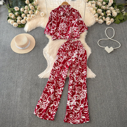 Beach Style Fashion Printed Women Pant Sets 2pcs Short Chiffon Shirts+Wide Leg Pants 2025 New Summer Casual Loose Female Suits