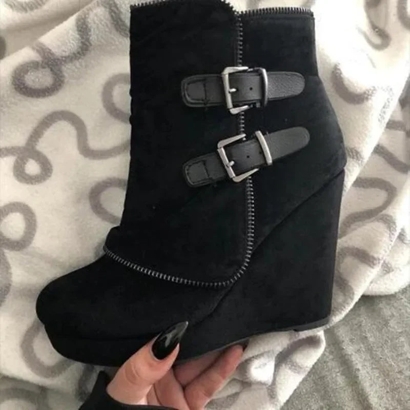Women's Fashion Ankle Boots Suede Wedge Zipper Solid Color Short Boots Round Toe Shoes Women's Suspender Shoes 2025 NEW