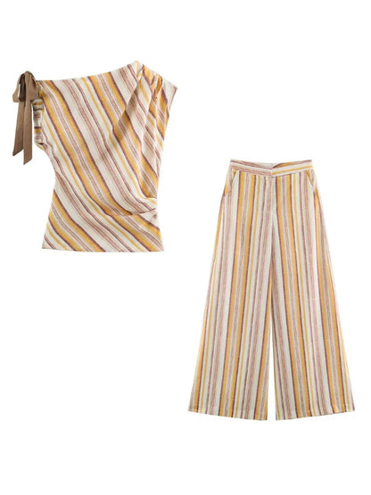 HH Women Summer Elegant Striped 2 Piece Outfit One Shoulder Top Wide Leg Pants For Dinner Date Party Vacation Holiday Wear