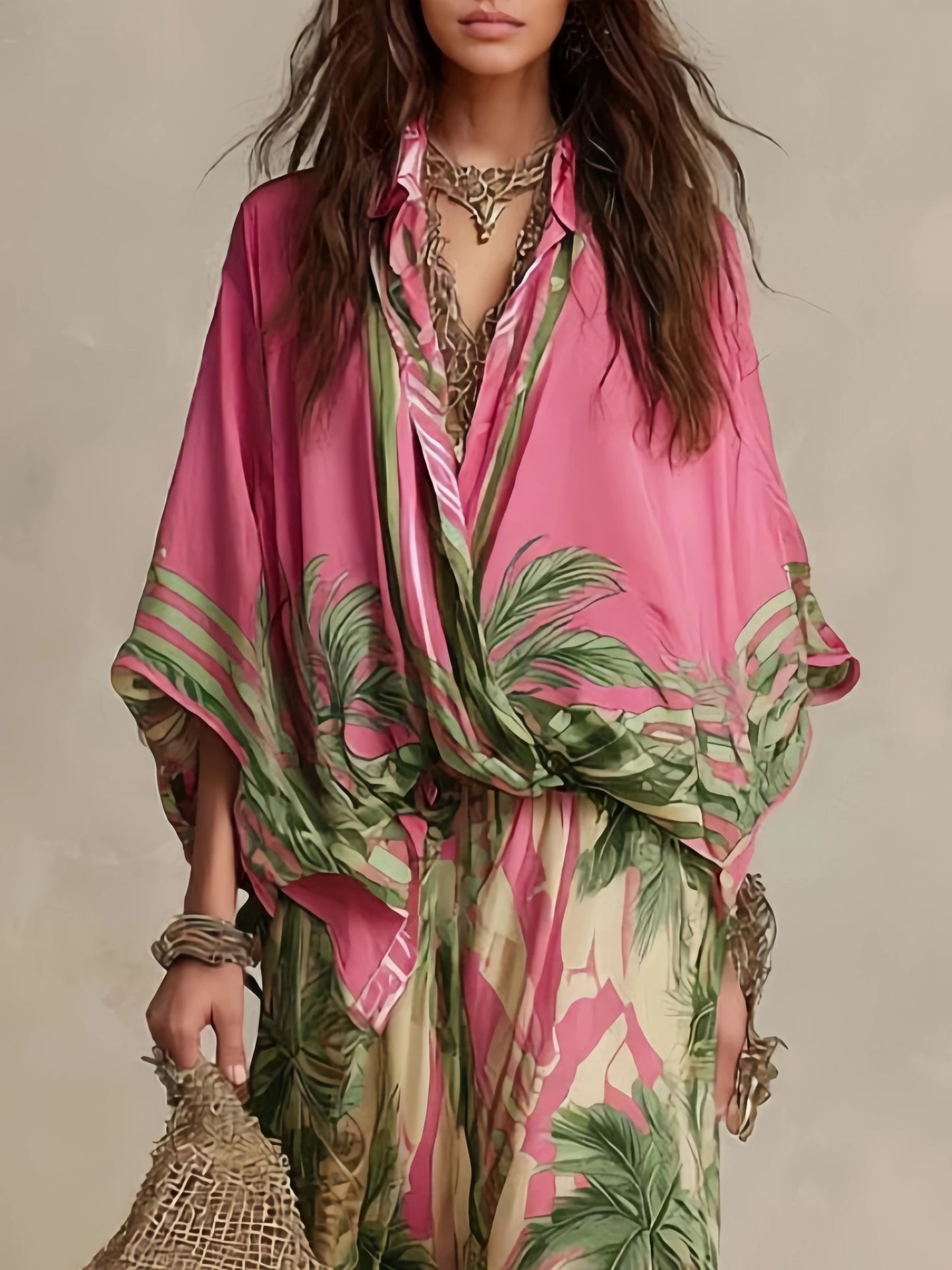 Fashion Color Print Two Piece Set Women Loose Batwing Sleeve Shirts Wide Legs Trousers 2 Piece Set Female Vacation Suits