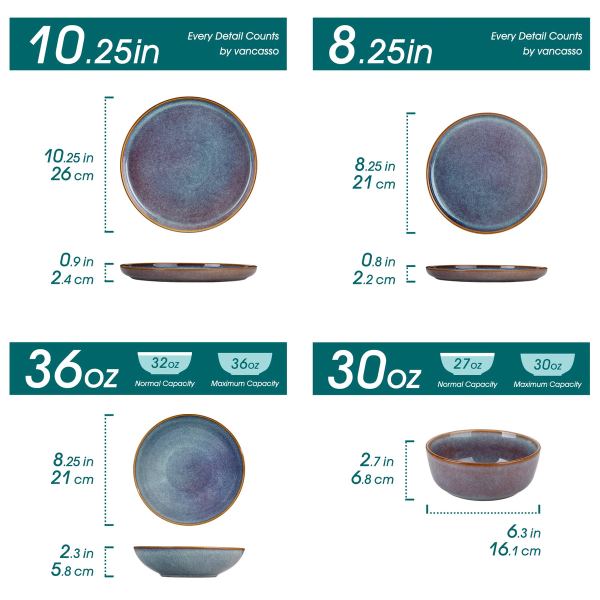 Vancasso 12/16/18/24 Piece Grey-Blue Reactive Glaze Stoneware Plates Set Dinnerware Sets with 4/6 Pcs Dinner Plate/Dessert/Bowl