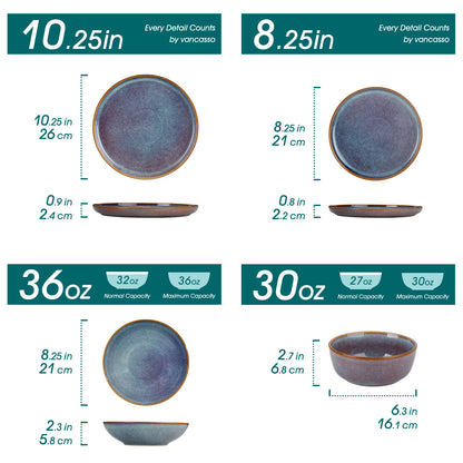 Vancasso 12/16/18/24 Piece Grey-Blue Reactive Glaze Stoneware Plates Set Dinnerware Sets with 4/6 Pcs Dinner Plate/Dessert/Bowl