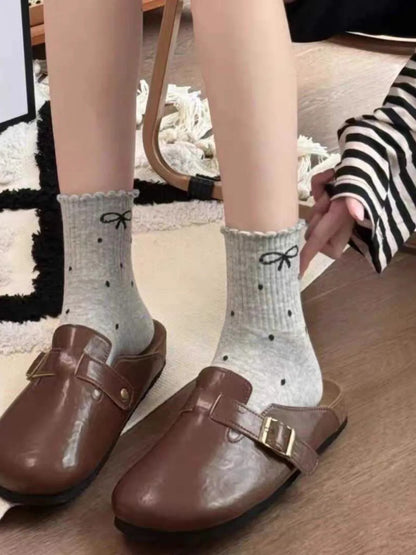 4Pairs Cute Dots Socks Cotton Harajuku Vintage Streetwear Crew Sock Japanese Kawaii Women Ruffle Dot Sock with Bow Girl's Gift