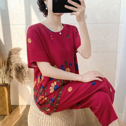 2024 Summer Women Cotton Linen Short Sleeve Set Large Size Middle-aged Mother Floral Print Clothes New Two-piece Suit 5XL G45