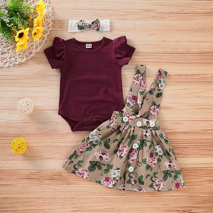 3PCS Newborn Baby Girl Christmas Clothes Set Short Sleeve Romper+Suspender Skirt+Headband Clothing Set for Toddler 0-18 Months