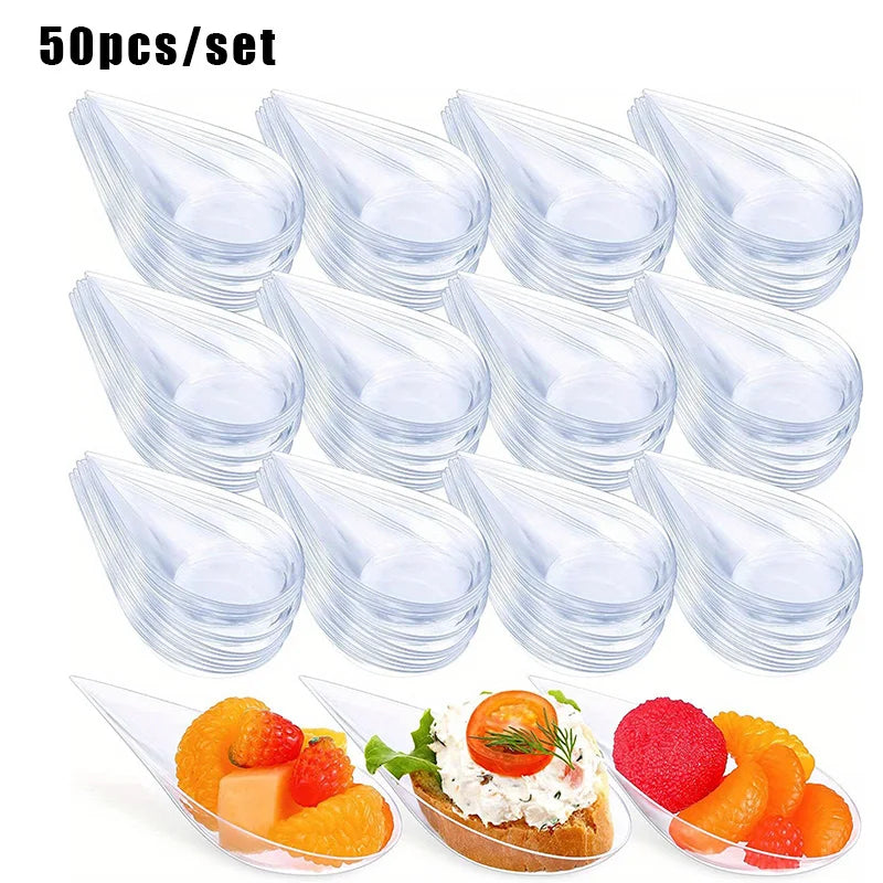50pcs/set Mini Teardrop Appetizer Plates, Disposable Serving Plates, Small Catering Dessert Tasting Cups, Drop Proof Spoon Set,