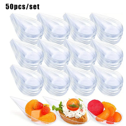 50pcs/set Mini Teardrop Appetizer Plates, Disposable Serving Plates, Small Catering Dessert Tasting Cups, Drop Proof Spoon Set,