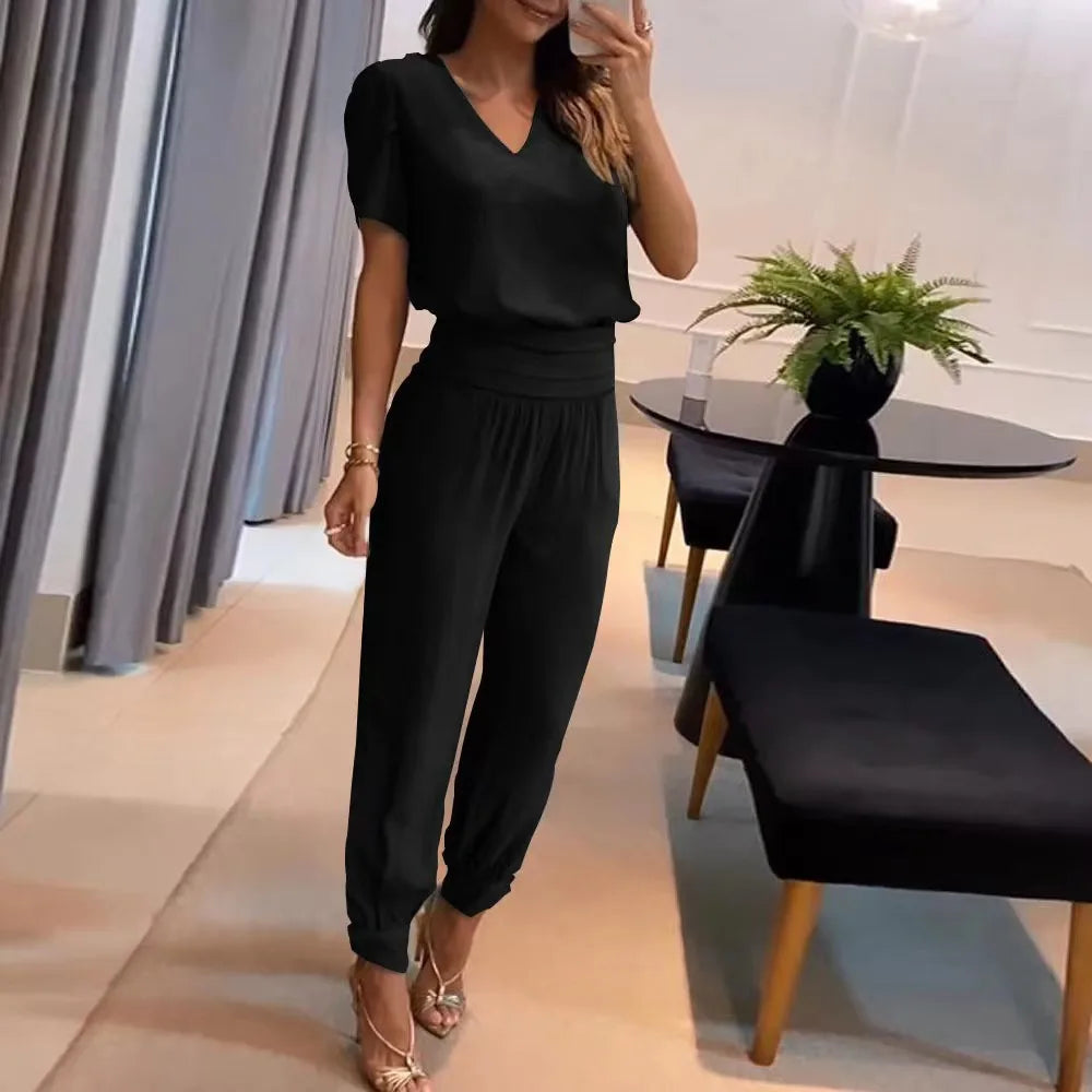 2024 New Long Pant Sets Summer Fashion Casual V-neck Print Short Sleeve Trousers Suit Two-piece Set 2 Piece Sets Women Outfit