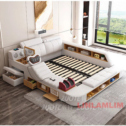 MINGDIBAO  All In One Bed, Luxury Multifunctional Genuine Leather Bed Frame with Tatami, Tech Smart Ultimate Lit 2 Personnes